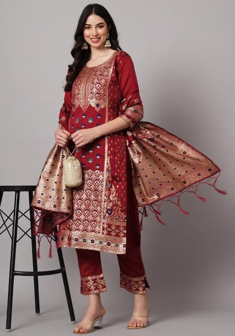 Maroon Woven Cotton Blend Salwar Kameez With Dupatta