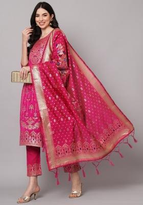Pink Woven Cotton Blend Salwar Kameez With Dupatta