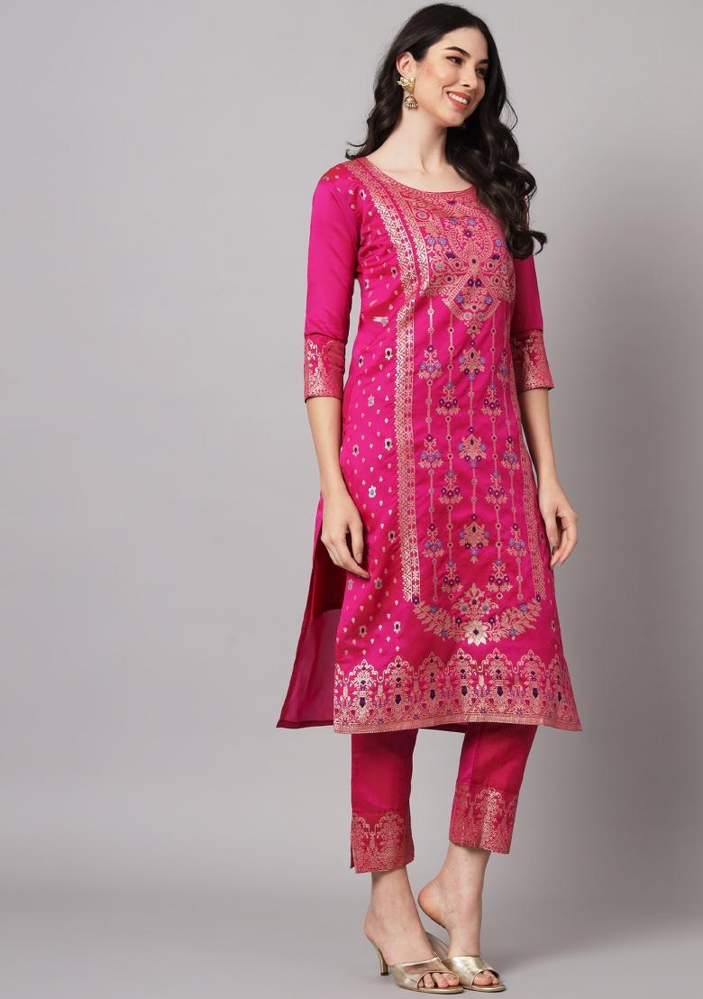 Pink Woven Cotton Blend Salwar Kameez With Dupatta