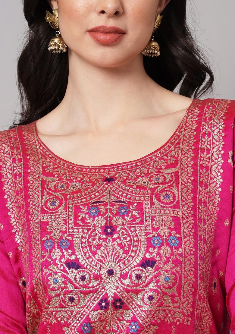 Pink Woven Cotton Blend Salwar Kameez With Dupatta