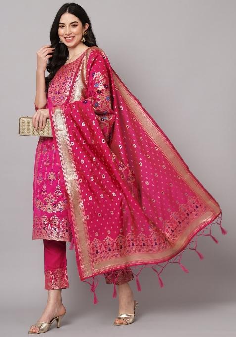 Pink Jacquard Blended Straight Kurta Set