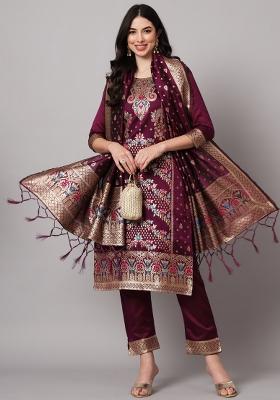 Purple Woven Cotton Blend Salwar Kameez With Dupatta