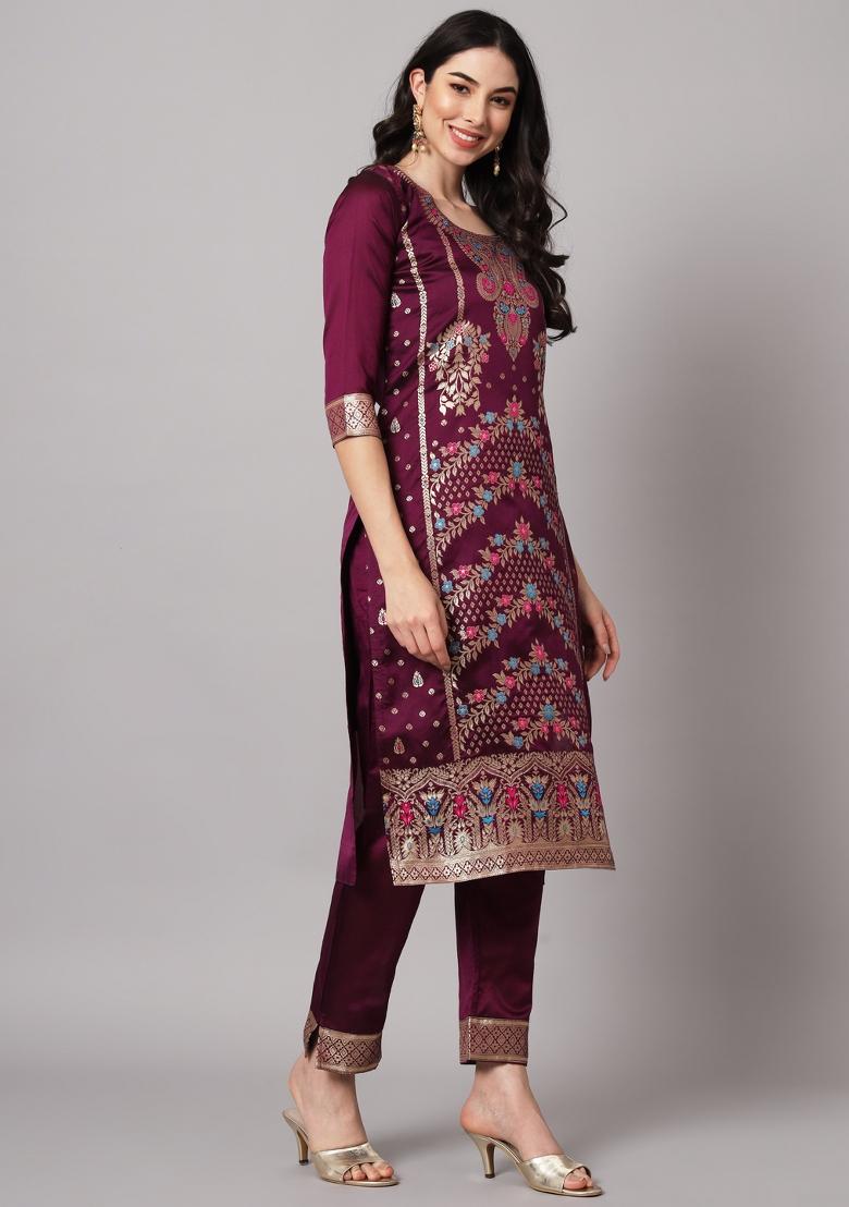 Purple Woven Cotton Blend Salwar Kameez With Dupatta