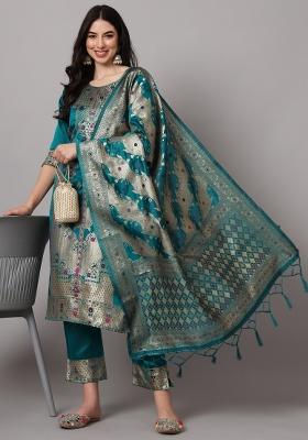 Rama Blue Woven Cotton Blend Salwar Kameez With Dupatta