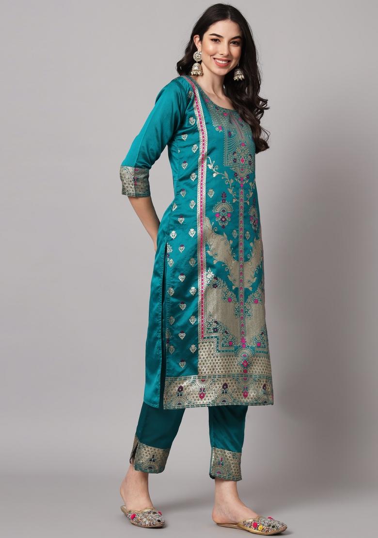 Rama Blue Woven Cotton Blend Salwar Kameez With Dupatta