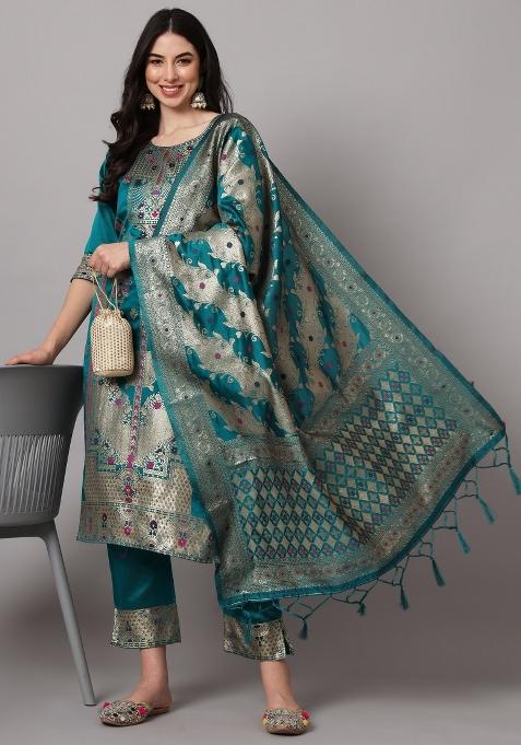 Rama Blue Woven Cotton Blend Salwar Kameez With Dupatta