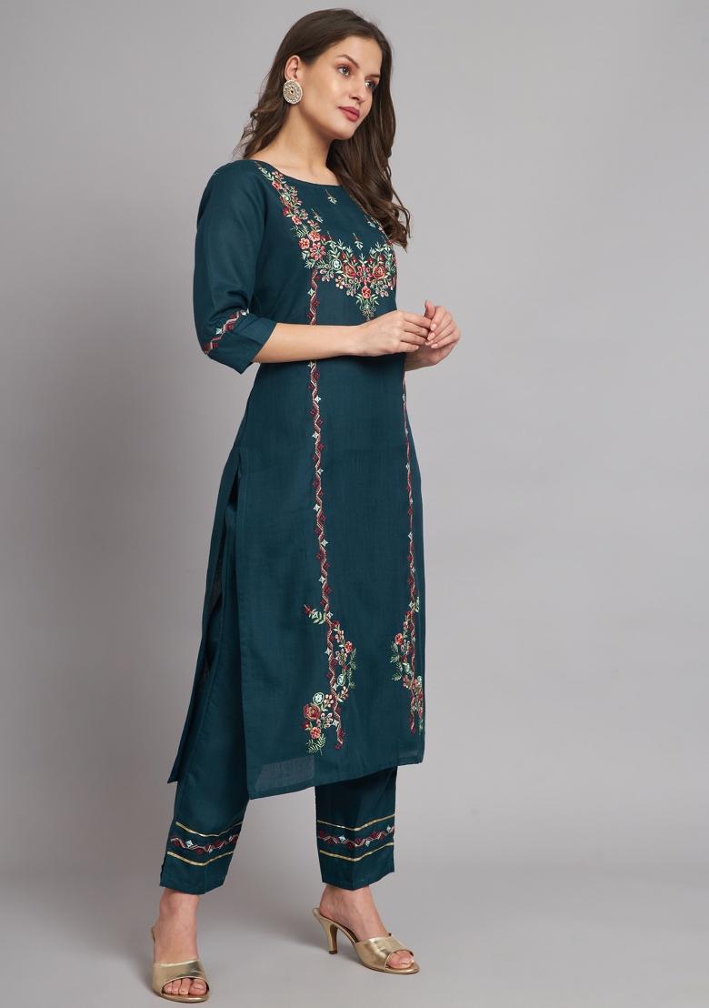 Teal Embroidered Cotton Blend Salwar Kameez With Dupatta