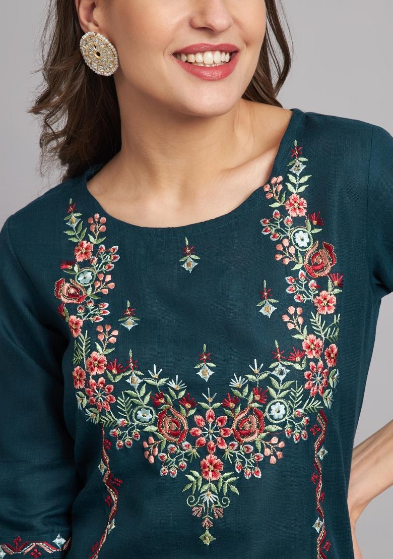 Teal Embroidered Cotton Blend Salwar Kameez With Dupatta