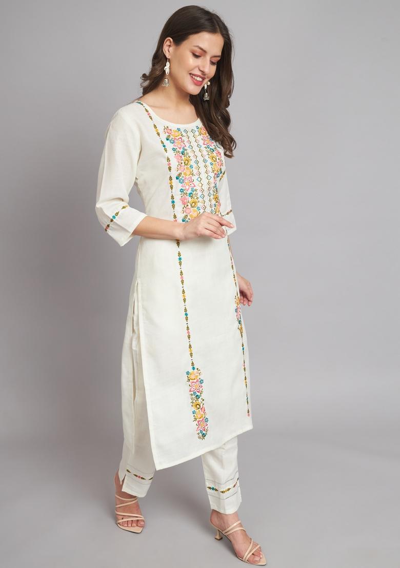 White Embroidered Cotton Blend Salwar Kameez With Dupatta