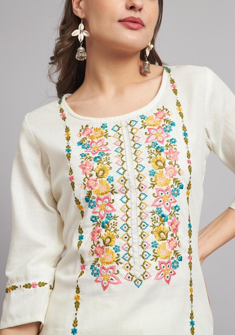 White Embroidered Cotton Blend Salwar Kameez With Dupatta