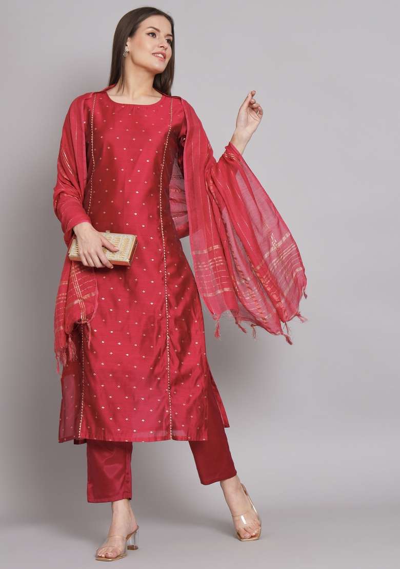Red Printed Chanderi Straight Kurta Set - Indya