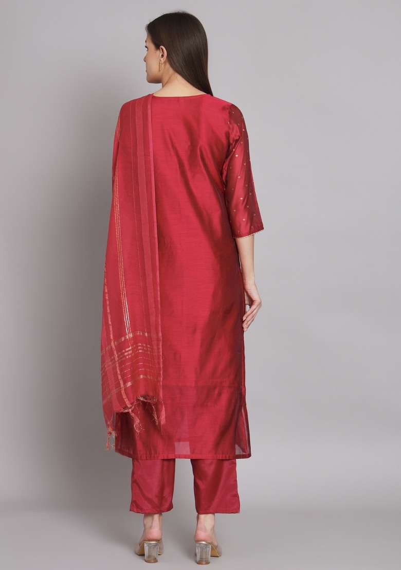 Red Printed Chanderi Straight Kurta Set - Indya