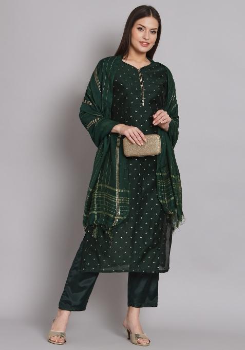 Green Printed Chanderi Straight Kurta Set