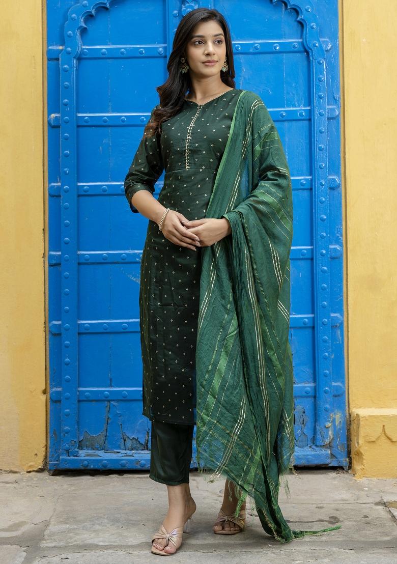 Green Gotta Patti Chanderi Salwar Kameez With Dupatta