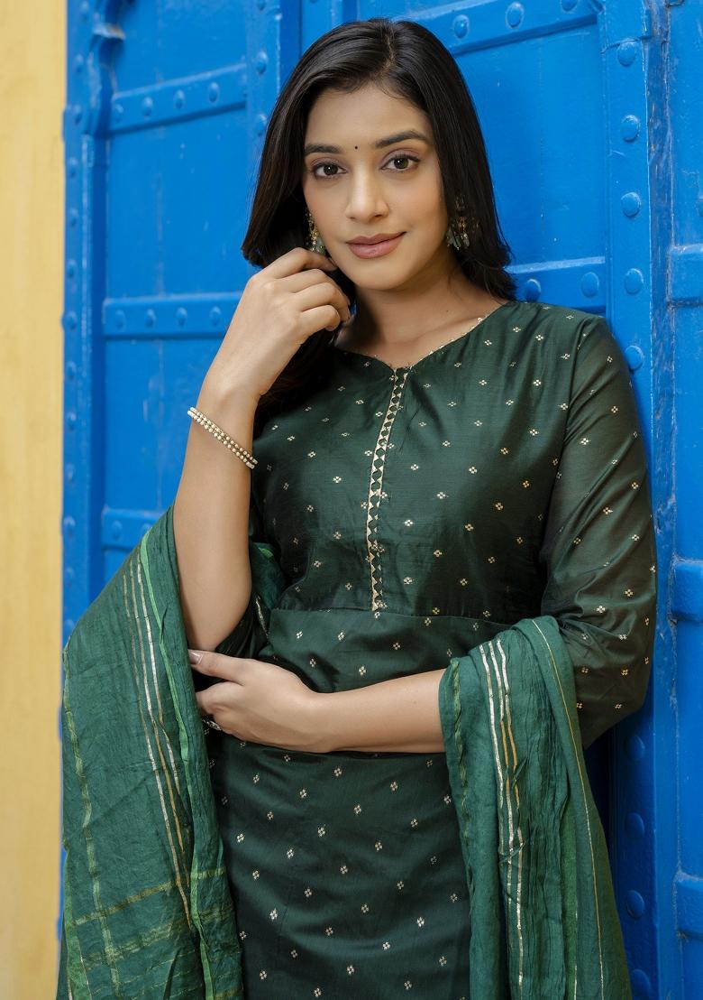 Green Gotta Patti Chanderi Salwar Kameez With Dupatta