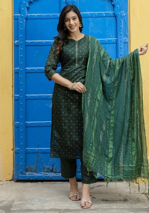 Green Printed Chanderi Straight Kurta Set