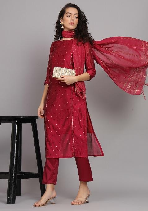 Maroon Printed Chanderi Straight Kurta Set