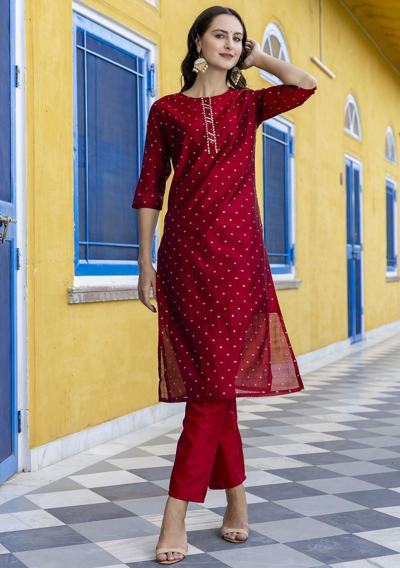 Maroon Gotta Patti Chanderi Salwar Kameez With Dupatta