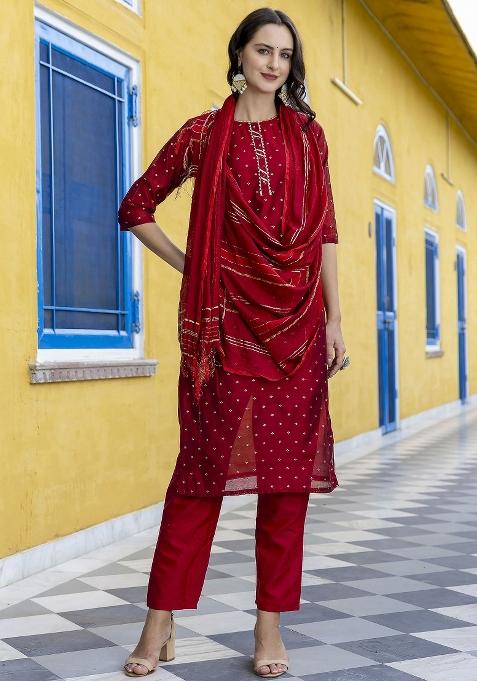 Maroon Printed Chanderi Straight Kurta Set — view on Indya