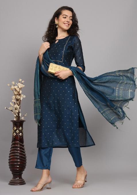 Blue Gotta Patti Chanderi Salwar Kameez With Dupatta