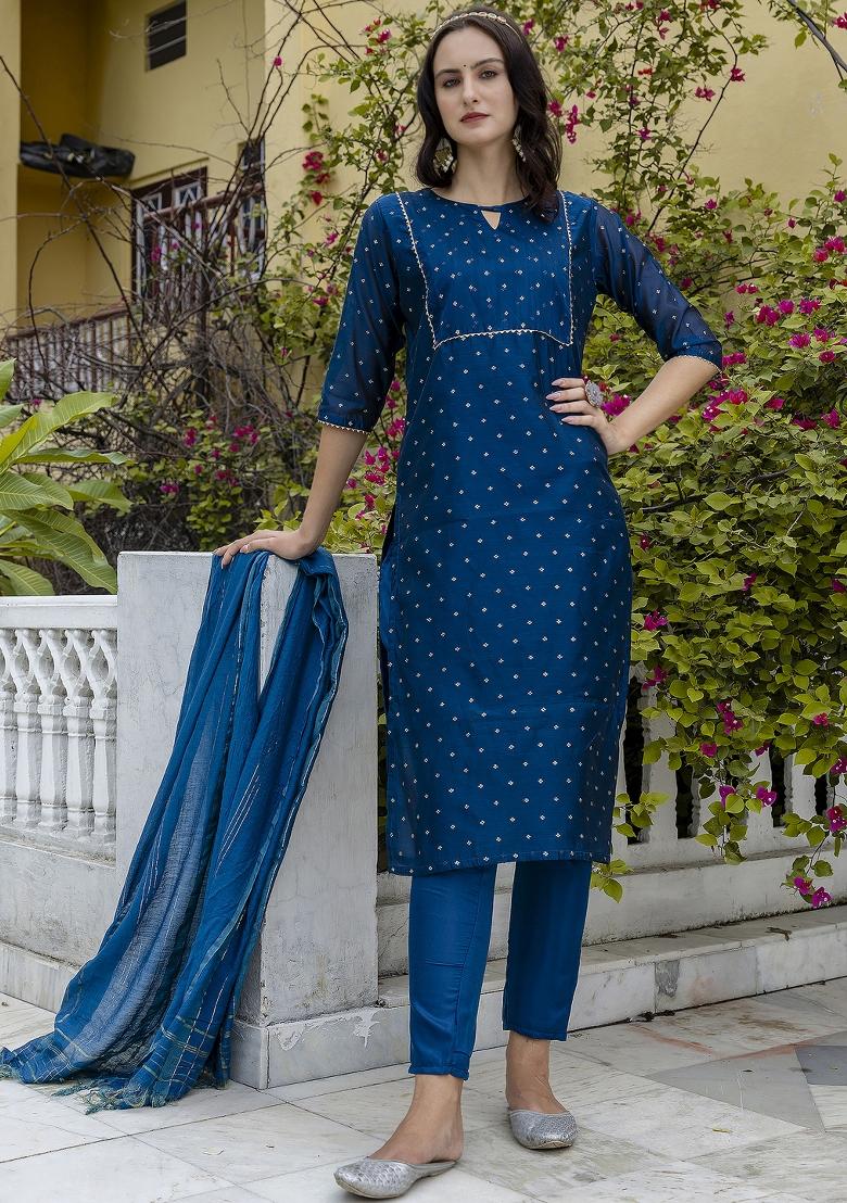 Teal Blue Gotta Patti Chanderi Salwar Kameez With Dupatta