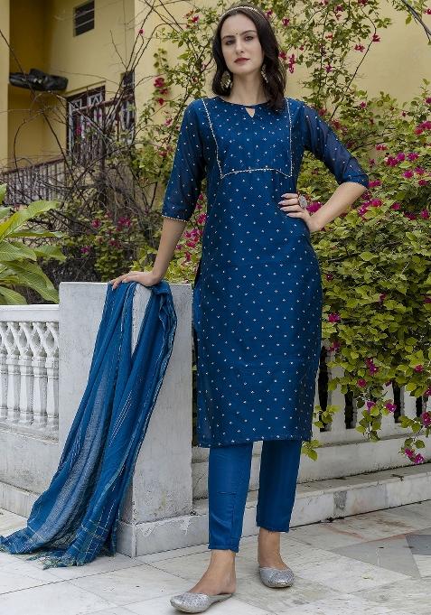 Teal Blue Gotta Patti Chanderi Salwar Kameez With Dupatta