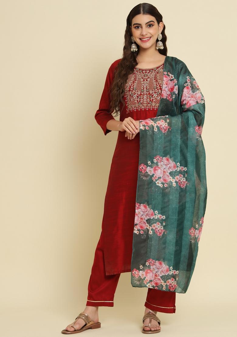 Maroon Embroidered Chanderi Salwar Kameez With Dupatta
