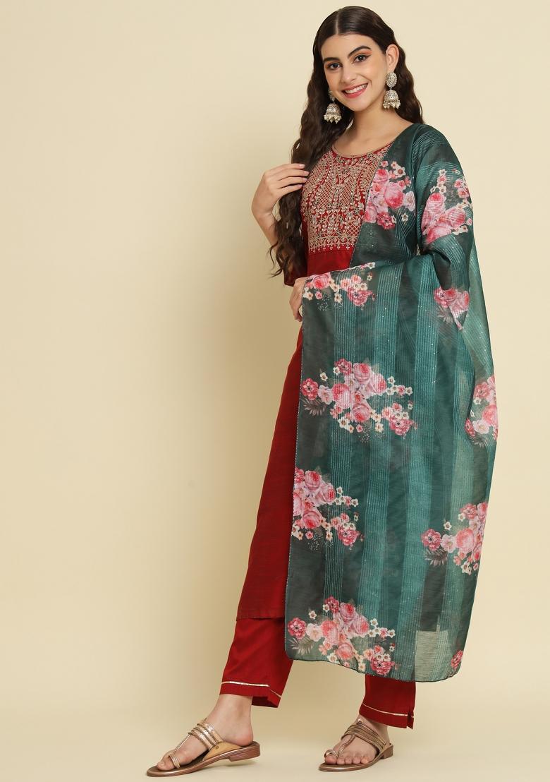 Maroon Embroidered Chanderi Salwar Kameez With Dupatta