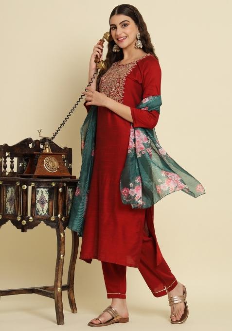 Maroon Embroidered Chanderi Straight Kurta Set — view on Indya