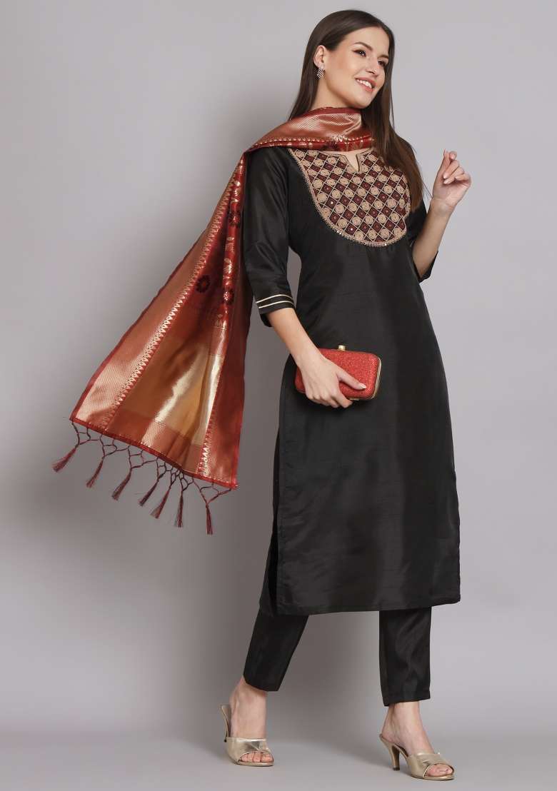 Black Embroidered Cotton Blend Salwar Kameez With Dupatta - Indya