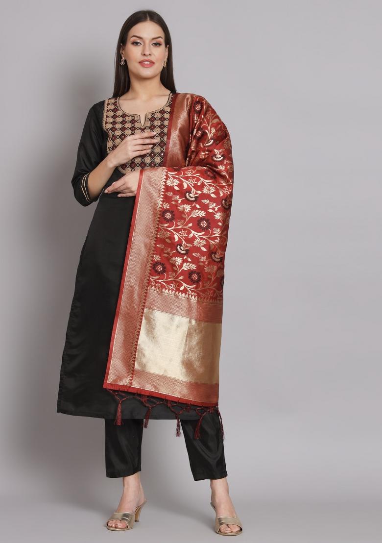 Black Embroidered Cotton Blend Salwar Kameez With Dupatta