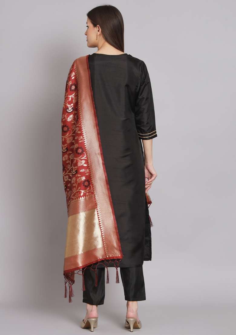 Black Embroidered Cotton Blend Salwar Kameez With Dupatta - Indya