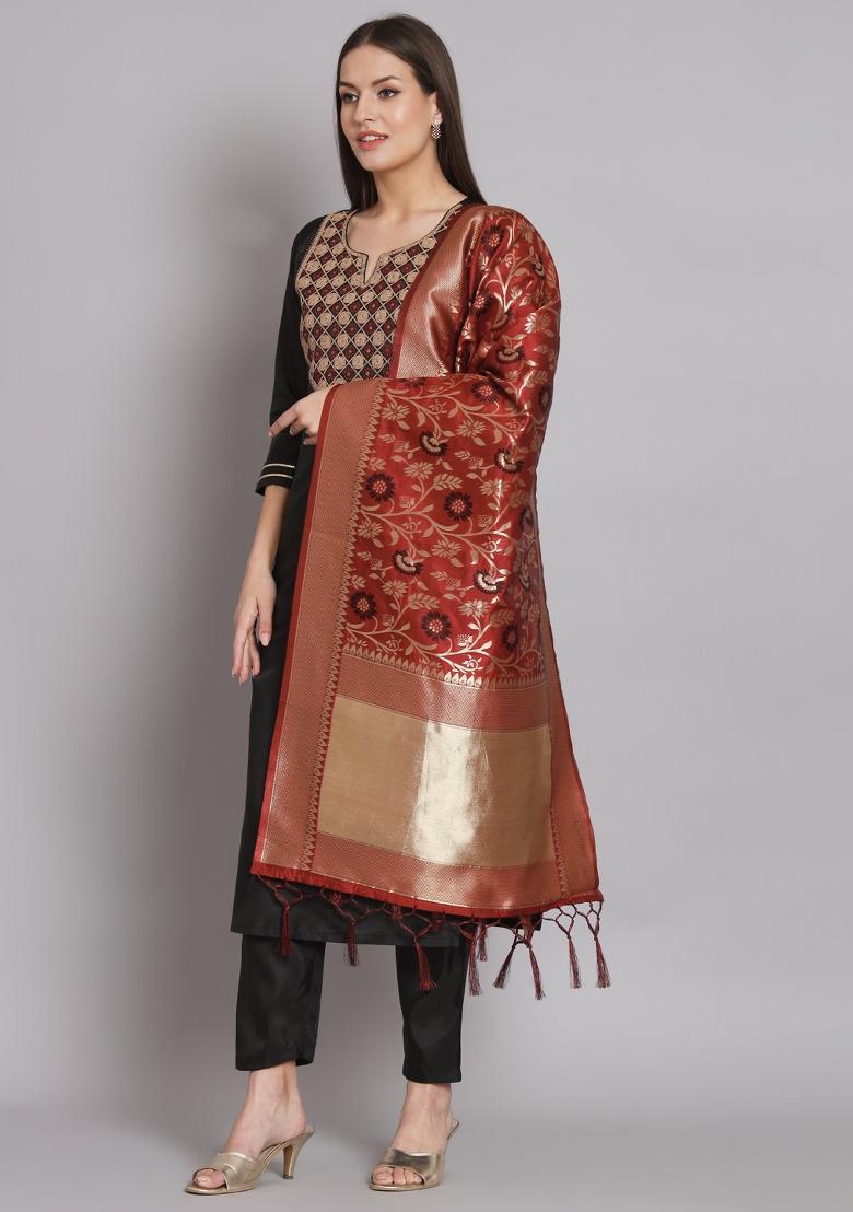 Black Embroidered Cotton Blend Salwar Kameez With Dupatta