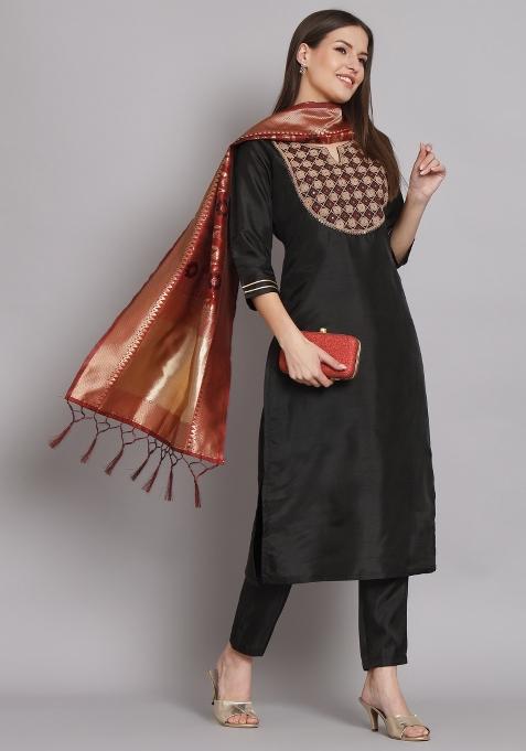 Black Embroidered Cotton Blend Salwar Kameez With Dupatta