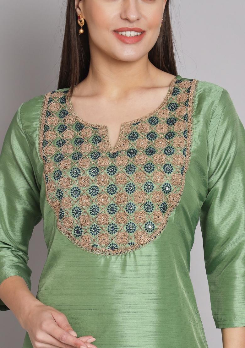 Pista Green Embroidered Cotton Blend Salwar Kameez With Dupatta