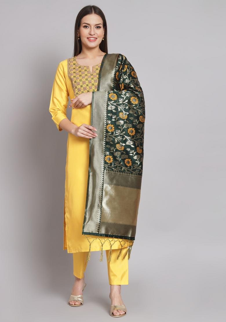 Yellow Embroidered Cotton Blend Salwar Kameez With Dupatta