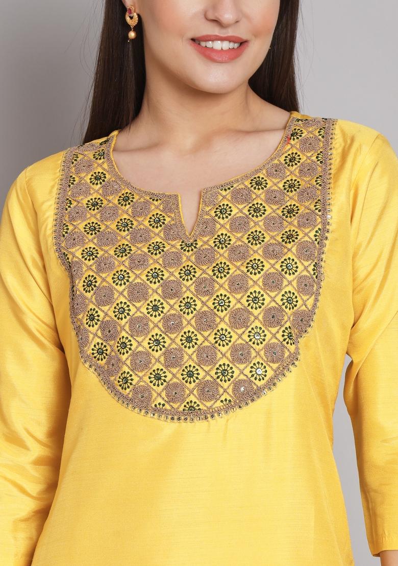 Yellow Embroidered Cotton Blend Salwar Kameez With Dupatta