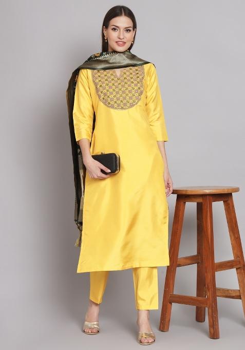 Yellow Embroidered Blended Straight Kurta Set