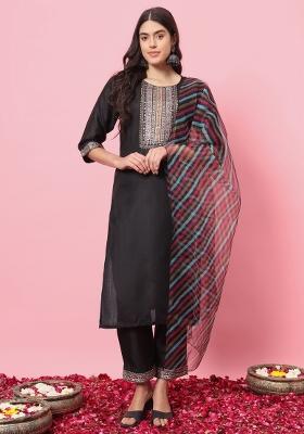 Black Embroidered Cotton Blend Salwar Kameez With Dupatta