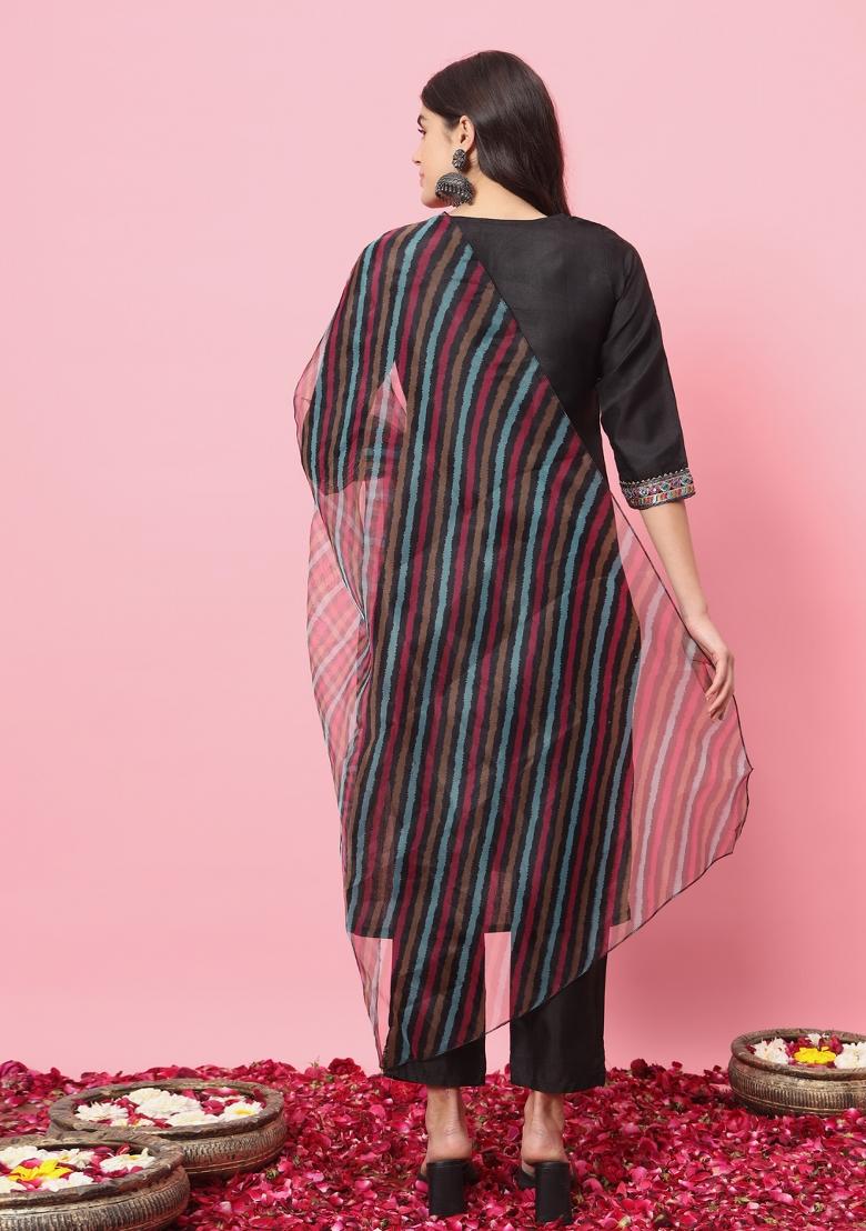 Black Embroidered Cotton Blend Salwar Kameez With Dupatta