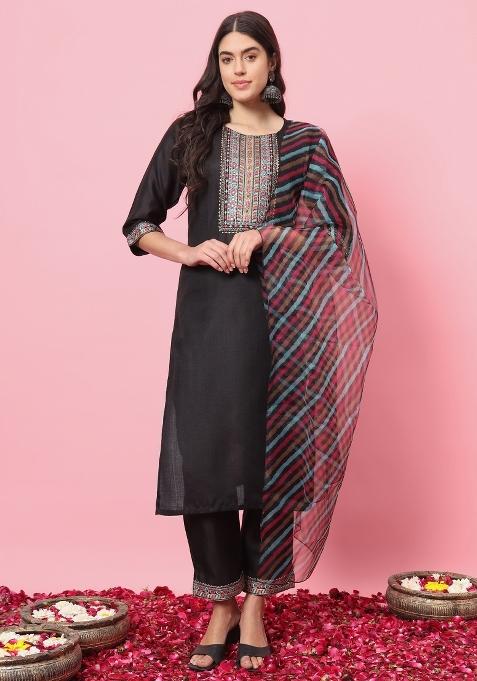 Black Embroidered Cotton Blend Salwar Kameez With Dupatta