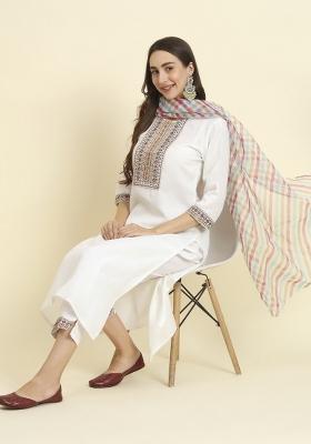 White Embroidered Cotton Blend Salwar Kameez With Dupatta