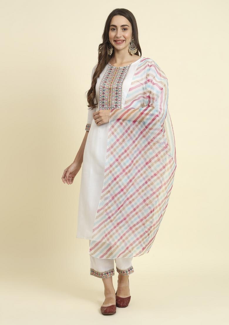 White Embroidered Cotton Blend Salwar Kameez With Dupatta