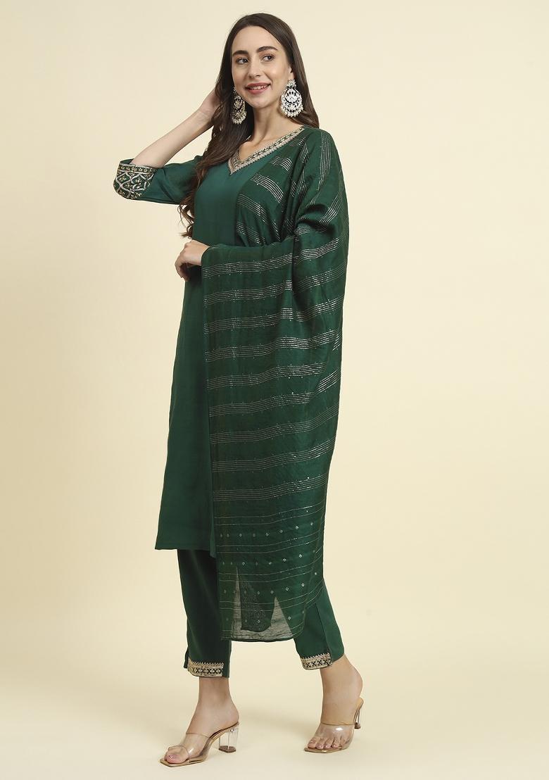 Green Embroidered Chanderi Salwar Kameez With Dupatta