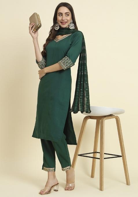 Green Embroidered Chanderi Straight Kurta Set
