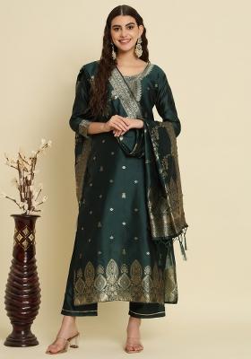 Green Woven Cotton Blend Salwar Kameez With Dupatta