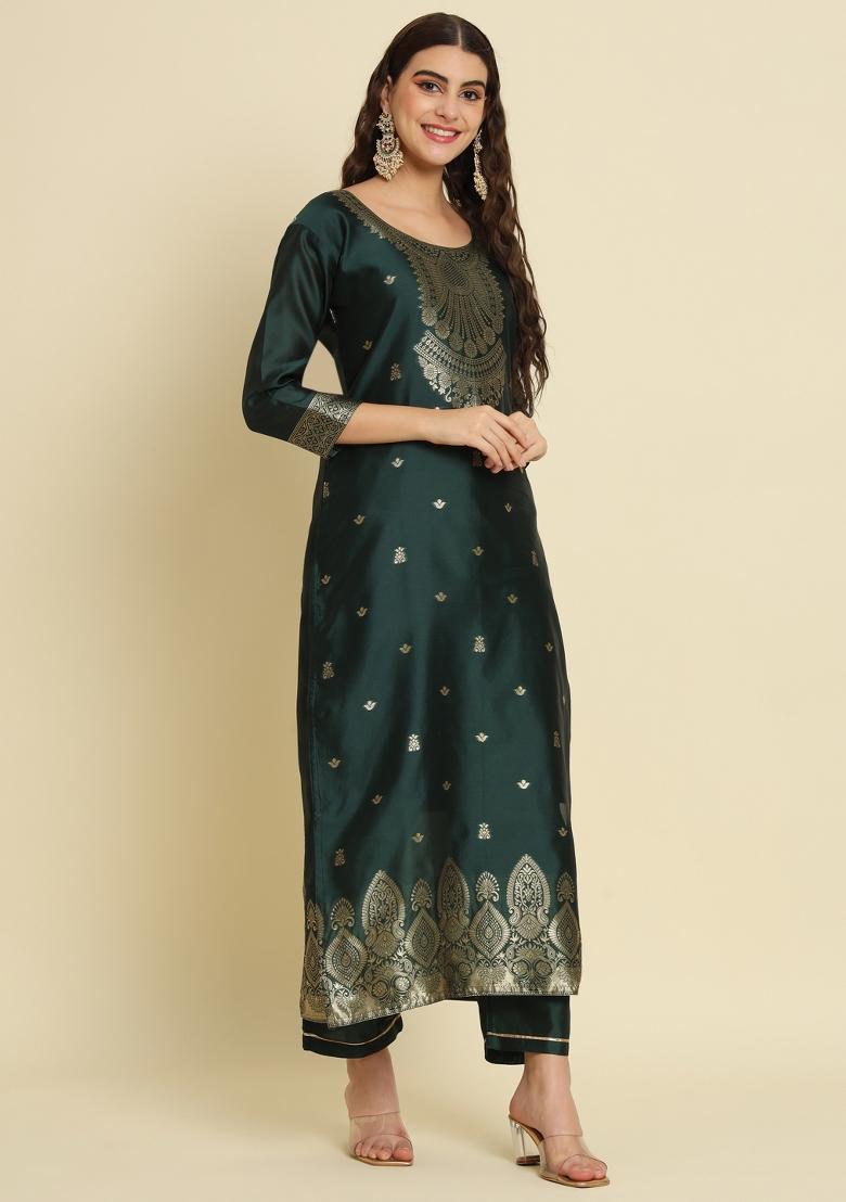 Green Woven Cotton Blend Salwar Kameez With Dupatta