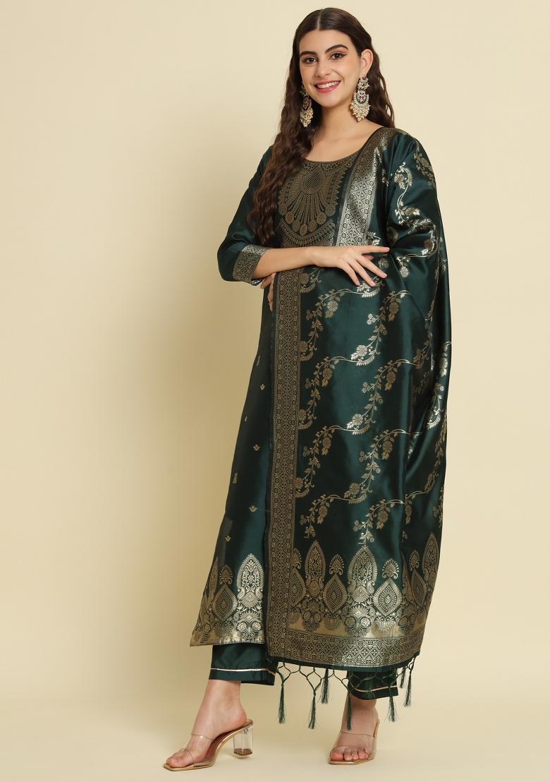 Green Woven Cotton Blend Salwar Kameez With Dupatta
