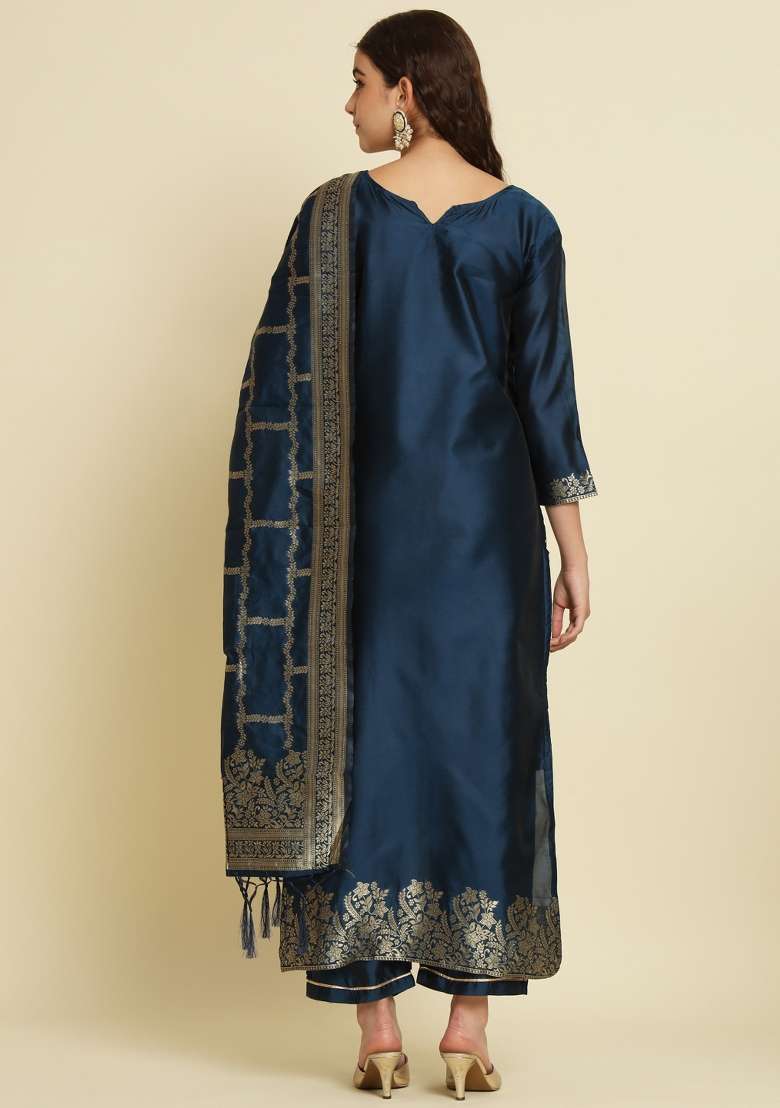 Teal Blue Printed Cotton Straight Kurta Set - Indya