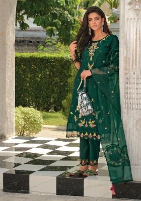 Green Embroidered Viscose Salwar Kameez With Dupatta